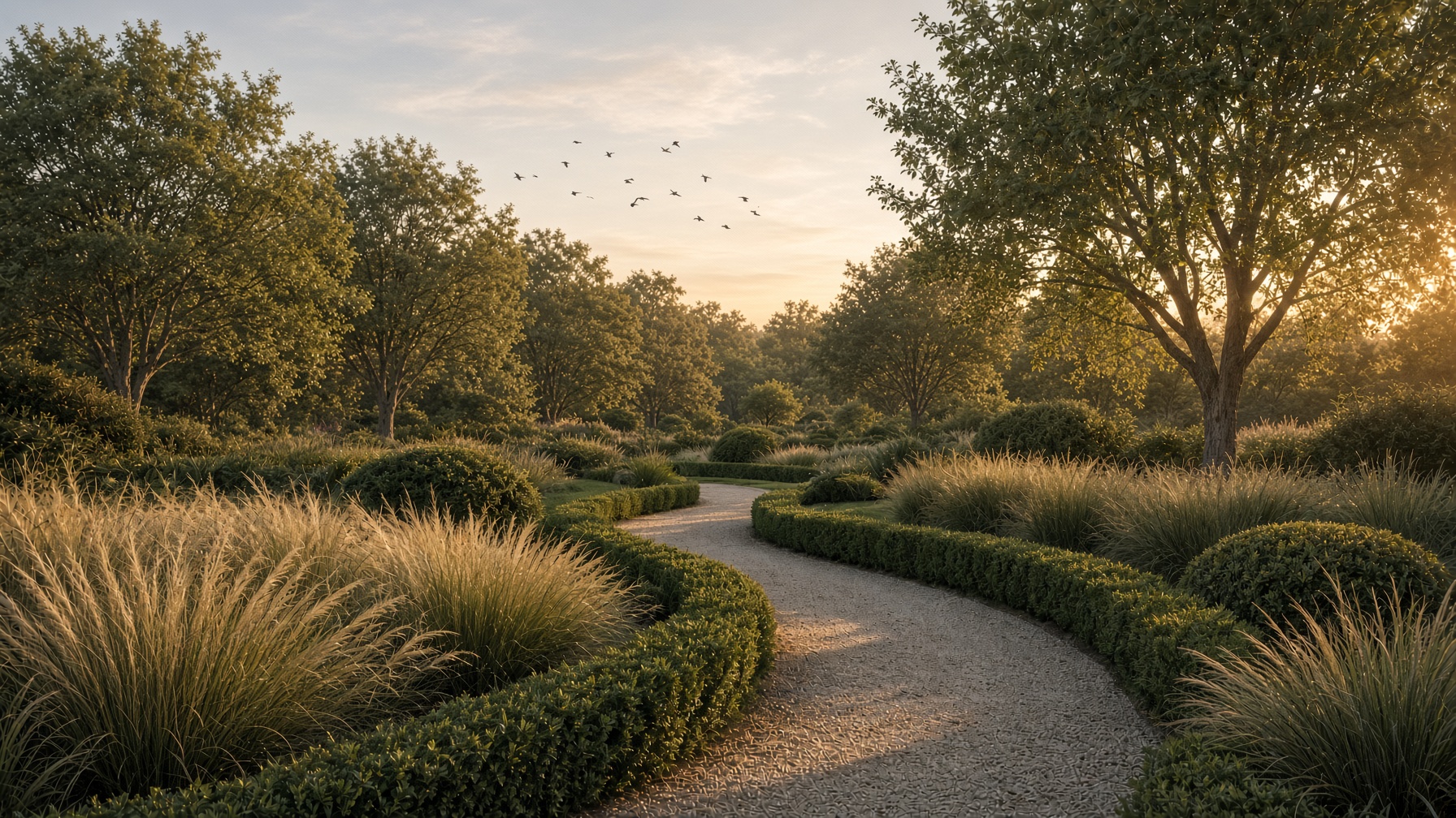 Gepflegter Gartenweg am Abend